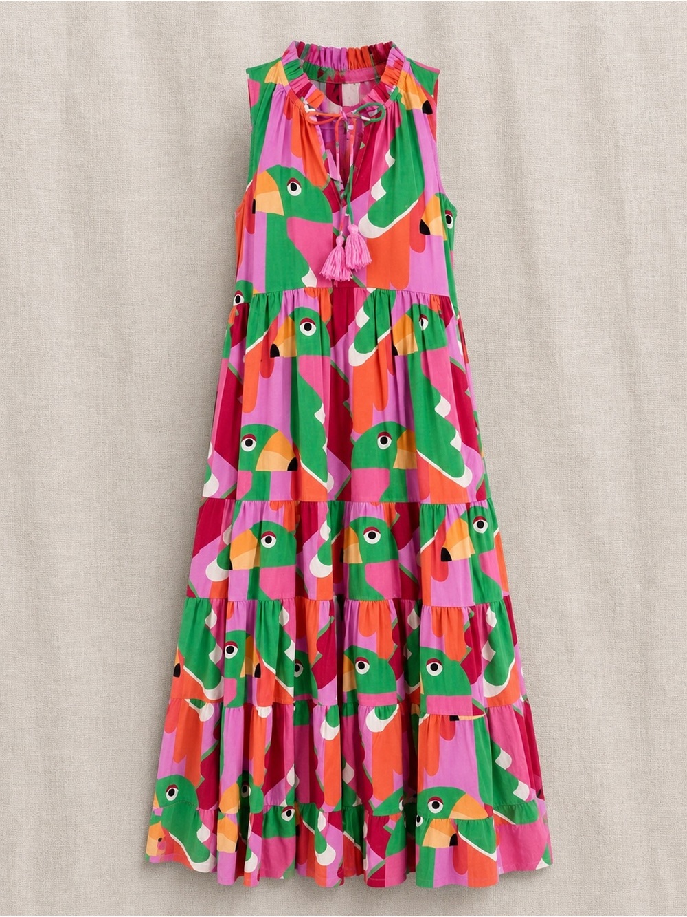 Briton Court Tropical Parrot Print Tiered Maxi Dress Pink Green Cotton NWT XS